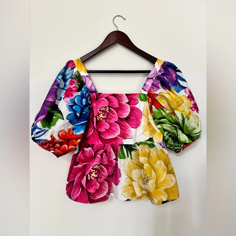 FARM Rio Rainbow Chita Floral Blouse Square Neck Puff Sleeve Boho Top | Size XS